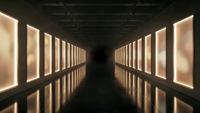 A single still from the ScrollFolio film: a lit gallery corridor receding to a far door