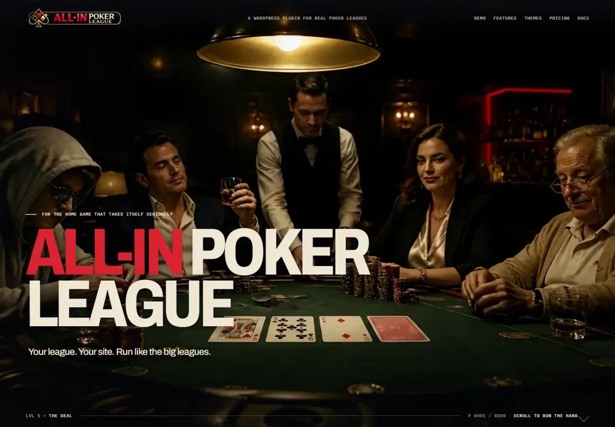 All-In Poker League homepage: a lit poker table with players, headline ALL-IN POKER LEAGUE