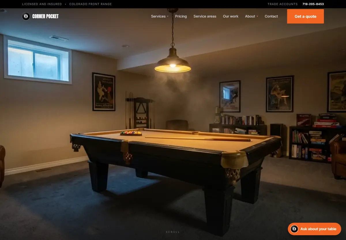 Corner Pocket homepage: a lit pool table in a finished basement, with a get a quote button