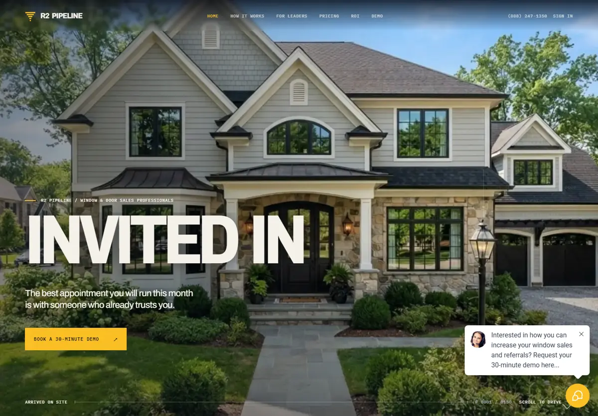 R2 Pipeline homepage: a large house photo behind the headline INVITED IN, with a book a demo button