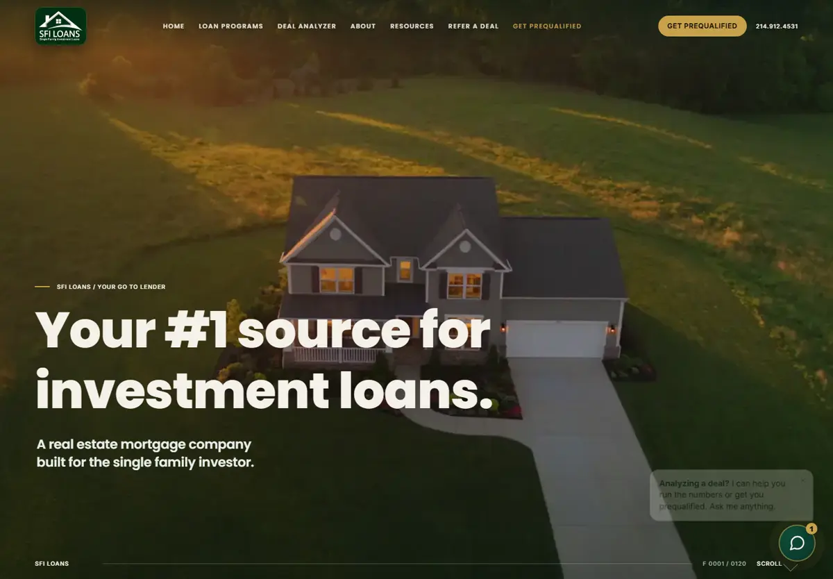SFI Loans homepage: an aerial photo of a suburban home at golden hour behind the headline Your number one source for investment loans